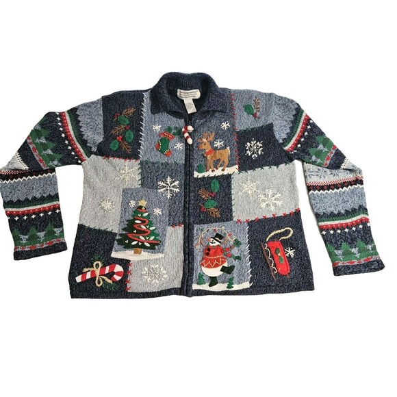 Vtg Christmas Cardigan Festive Knit Sweater Sz L Embroider Patchwork Cottagecore - Picture 2 of 16